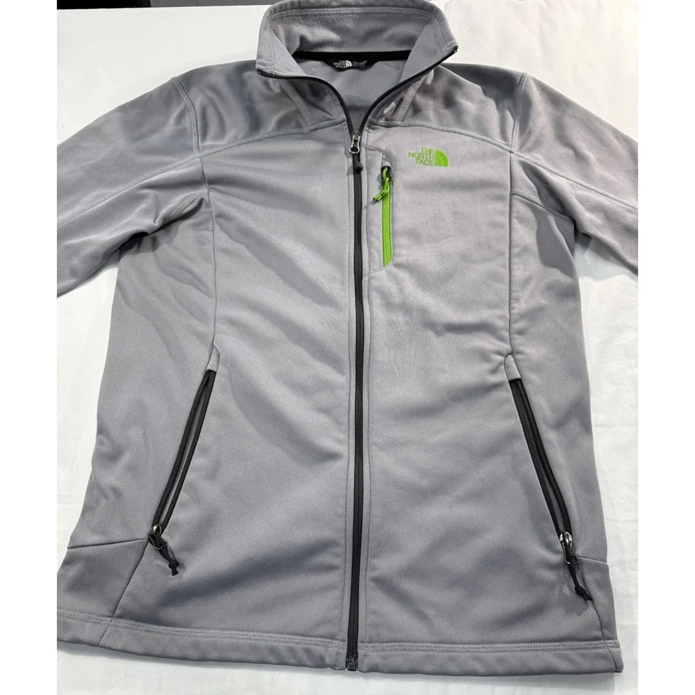 The North Face Men's Small Gray Full Zip Fleece Jacket Green Logo Zip Pockets
